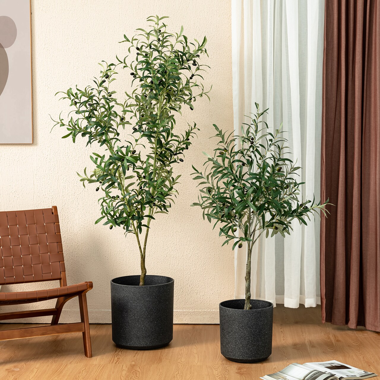 Set of 2 4ft & 6ft Faux Artificial Olive Trees With Black Pot